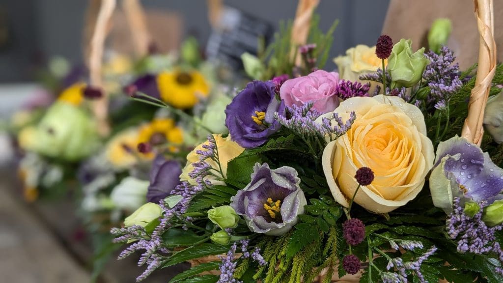 A basket filled with colourful flowers